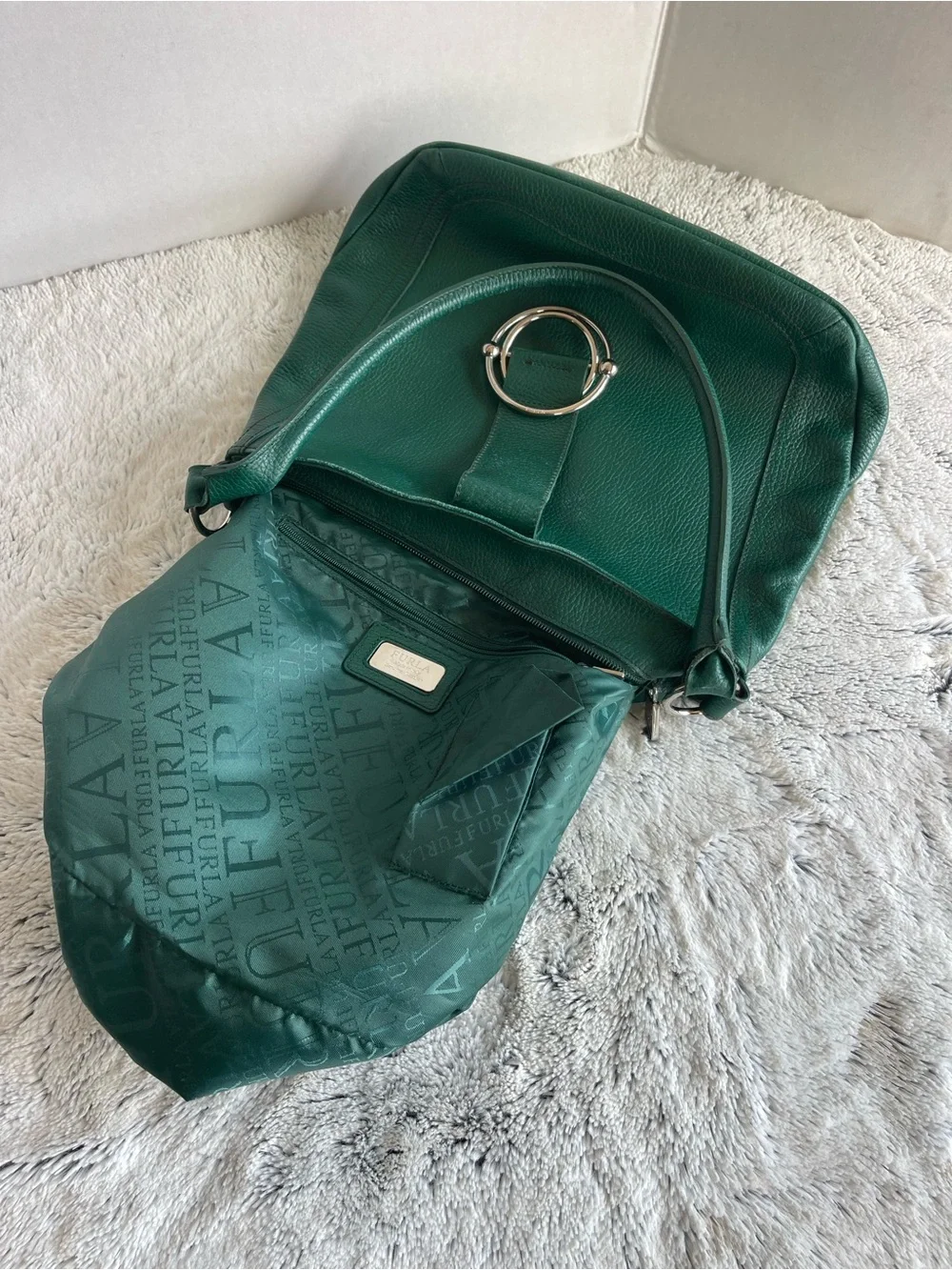 Furla Deep Green Leather Chrome Accent Satchel Women’s Bag